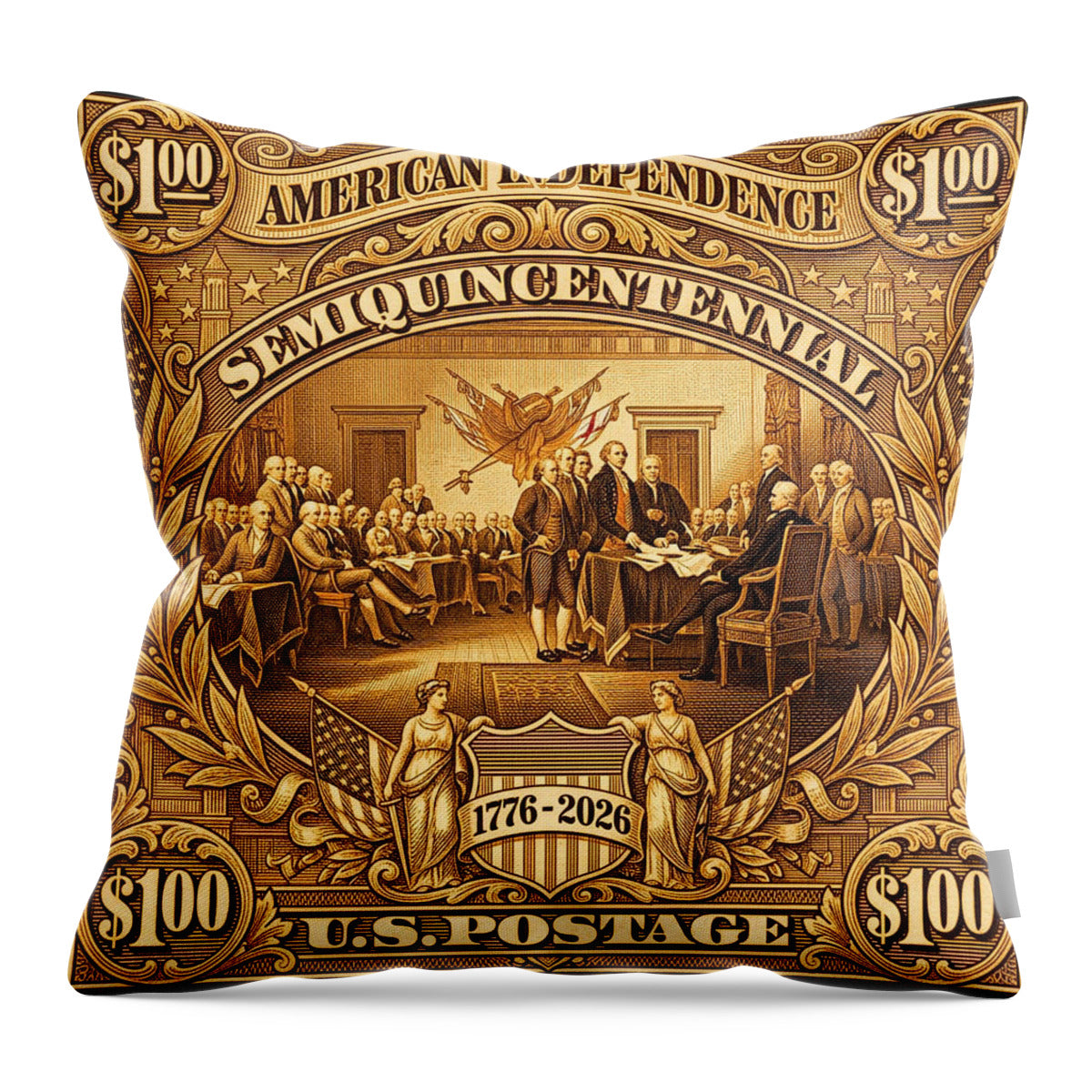 American Independence $100 II Stamp - Throw Pillow